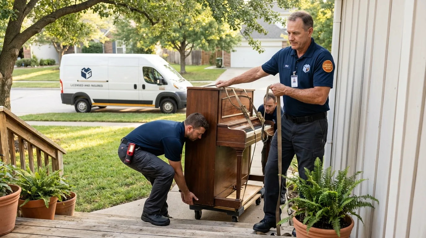 Licensed piano movers securing grand piano in Londonderry, NH