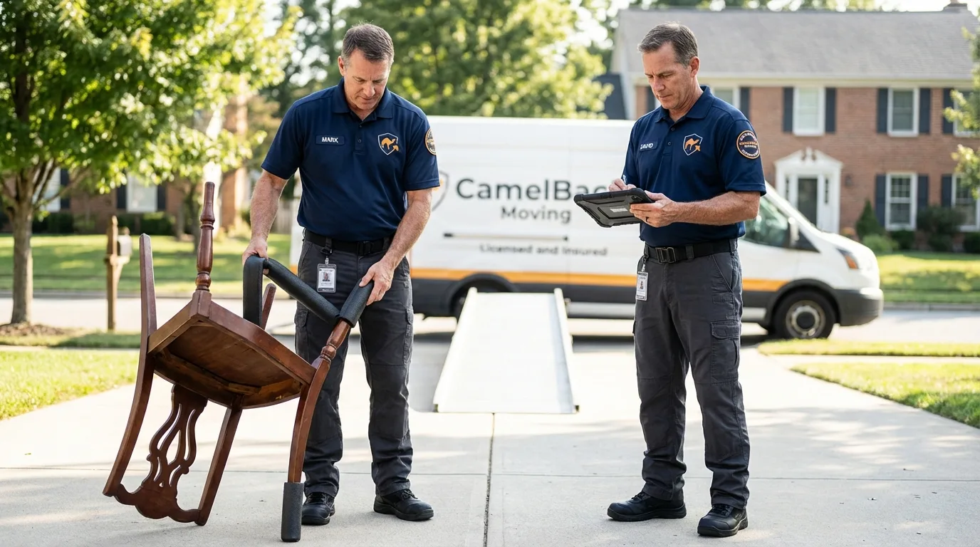 Movers inspecting furniture for damage prevention before loading in Londonderry, NH