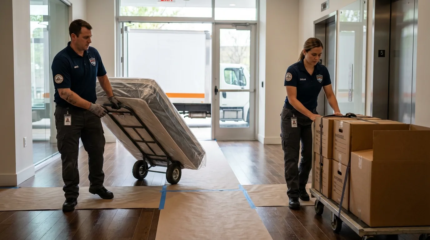 Professional apartment movers loading elevator in Londonderry, NH