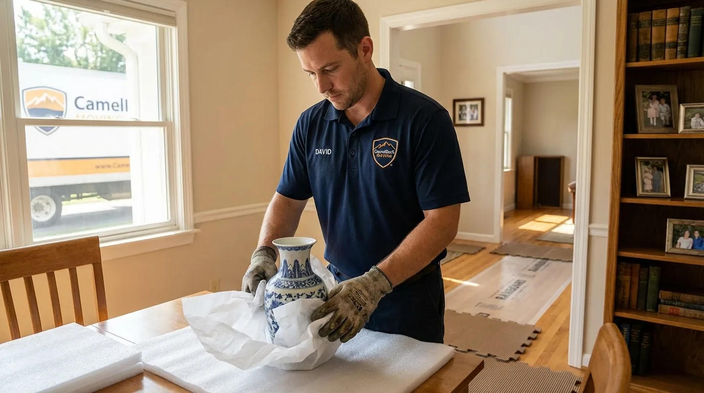 Professional crew carefully wrapping antique vase for senior downsizing move in Londonderry, NH